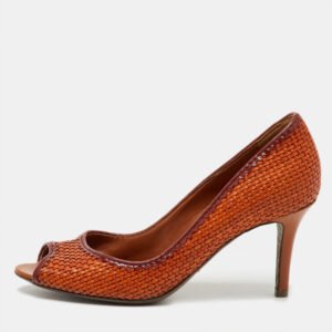 Sergio Rossi Burnt Orange Woven Leather Peep Toe Pumps Size 36