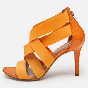 Sergio Rossi Orange  Leather and Elastic Strappy Sandals Size 37.5