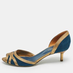 Sergio Rossi Navy Blue/Gold Leather and Suede Peep Toe Pumps Size 37.5