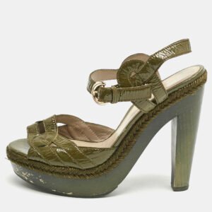 Sergio Rossi Olive Green Patent Leather Platform Ankle Strap Sandals Size 38