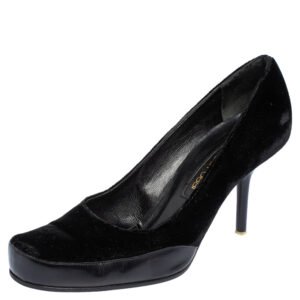 Sergio Rossi Black Velvet and Leather Square Toe Pumps Size 38.5