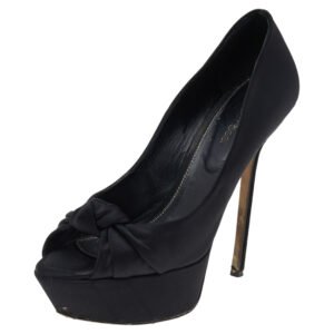 Sergio Rossi Black Satin Knotted Peep Toe Platform Pumps Size 38