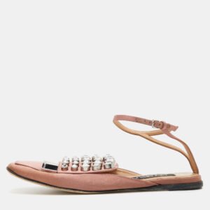 Sergio Rossi Old Rose Satin Crystal Embellished Ankle Strap Flats Size 36