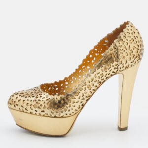 Sergio Rossi Metallic Gold Laser Cut Leather Platform Pumps Size 36.5