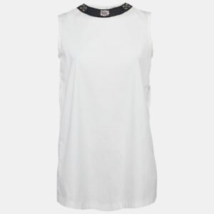S'Max Mara White Cotton Embellished Neck Sleeveless Top S