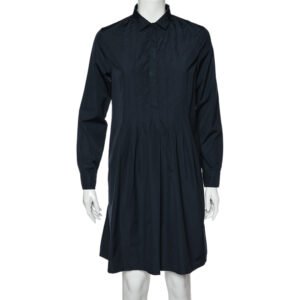 S'Max Mara Navy Blue Cotton Pleated Shirt Dress M
