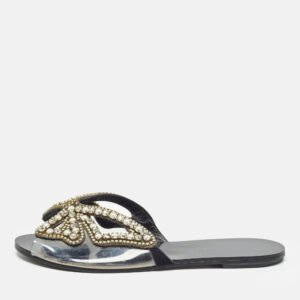 Sophia Webster Black Leather and PVC Madame Butterfly Slide Flats Size 38.5