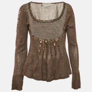 Sportmax Brown Embellished Lurex Knit Long Sleeve Top L