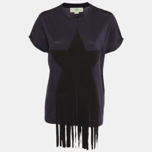 Stella McCartney Navy Blue Cotton Knit Stra Fringed T-Shirt M
