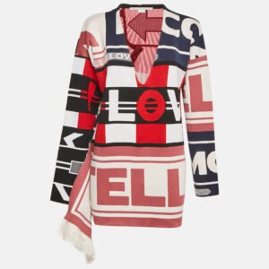 Stella McCartney Multicolor Intarsia Knit Fringe Detail V-Neck Sweater S