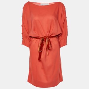 luxury-women-stella-mccartney-used-clothes-p951960-001 Stella McCartney Orange Silk & Wool Buttoned Sleeve Belted Dress XS