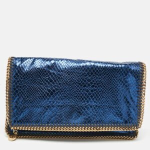 Stella McCartney Metallic Blue Python Effect Faux Leather Falabella Fold Over Clutch