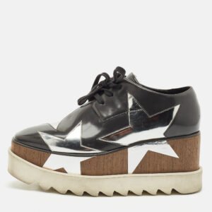 Stella McCartney Grey/Sliver Faux Leather Elyse Star Platform Lace Up Derby Size 35.5