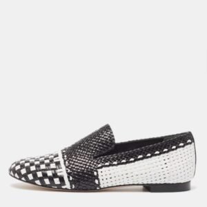 Stuart Weitzman Black/White Woven Leather Riviera Smoking Slippers Size 36