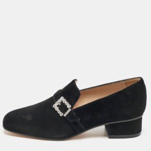 Stuart Weitzman Black Velvet Crystal Buckle Embellished  Loafers Size 37