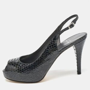 Stuart Weitzman Black Python Embossed Leather Peep Toe Slingback Pumps Size 39.5
