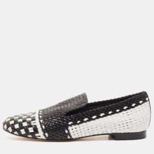 Stuart Weitzman Black/White Woven Leather Riviera Smoking Slippers Size 34.5