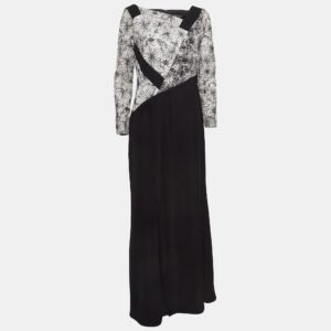 Tadashi Shoji Black/White Crepe & Lace Full Sleeve Maxi Dress M