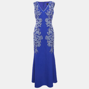 Tadashi Shoji Blue Floral Embroidery Textured Crepe Sleeveless Gown S
