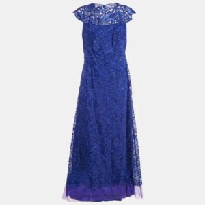 Tadashi Shoji Blue Floral Lace Cap Sleeve Milien Gown L