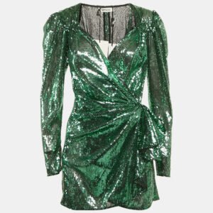 The Attico Green Sequin Ruffled Mini Wrap Dress M