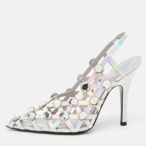 The Attico Silver Iridescent Leather Grid Slingback Pumps Size 37