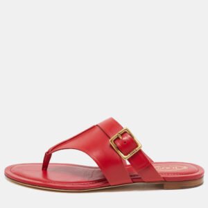 Tod's Red Leather Buckle Detail Thong Flats Size 38.5
