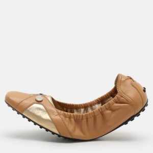 Tod's Brown/Gold Leather Embellished Scrunch Ballet Flats Size 40