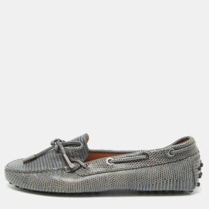 Tod's Grey Lizard Embossed Leather Bow Slip On Loafers Size 35