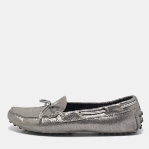 Tod's Grey/Silver Textured Suede Bow Slip On Loafers Size 38