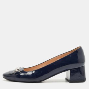 Tod's Navy Blue Patent Leather Block Heel Loafer Pumps Size 39.5
