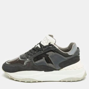 Tod's Black/Grey Perforated Leather and Patent Low Top Sneakers Size 39.5