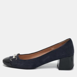 Tod's Navy Blue/Black Suede and Leather Double T Court Loafer Pumps Size 39.5