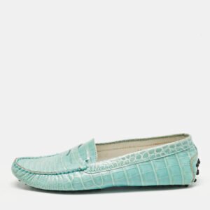 Tod's Seafoam Green Croc Embossed Leather Slip On Loafers Size 38
