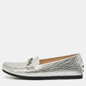 Tod's Silver Croc Embossed Leather Slip On Loafers Size 38