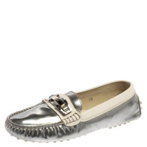 Tod's Silver/White Patent and Leather Logo Buckle Loafers Size 36