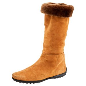 Tod's Yellow/Brown Suede And Fur Calf Length Boots Size 37.5