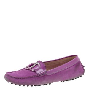 Tod's Purple Suede And Patent Leather Trim Embellished Slip On Loafers Size 38