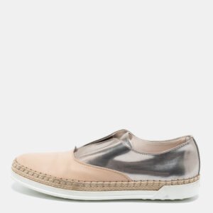 Tod's Silver and Beige Patent and  Leather Francesina Slip On Espadrille Sneakers Size 35.5