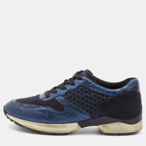 Tod's Navy Blue/Black Leather and Mesh Low Top Sneakers Size 37.5