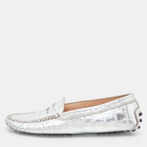 Tod's Silver Croc Embossed Leather Loafers Size 35.5