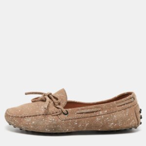 Tod's Beige Suede And Silver Paint Spot Bow Loafers Size 38.5