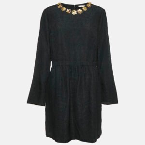 Tory Burch Black Floral Embossed Silk Blend Embellished Short Dress XL