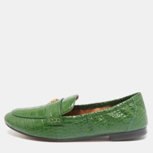 Tory Burch Green Croc Embossed Leather Slip On Loafers Size 39.5