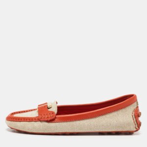 Tory Burch Beige/Orange Canvas and Leather Casey Loafers Size 35.5