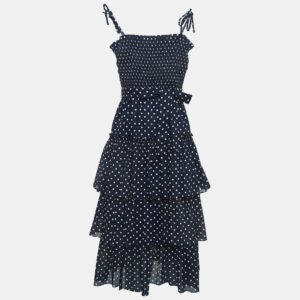 Tory Burch Navy Blue Polka-Dot Print Cotton Tiered Dress XS