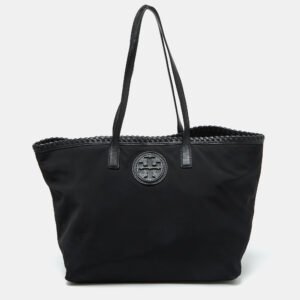 Tory Burch Black Nylon and Leather Marion Logo Whipstitch Tote