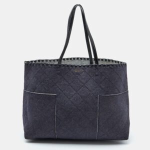 tory burch navy blue felt fabric and patent leather block-t shopper tote