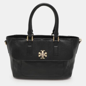 Tory Black Grained Leather Turnlock Flap Tote