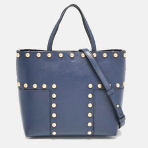Tory Burch Navy Blue Leather Mini Block-T Stud Tote
